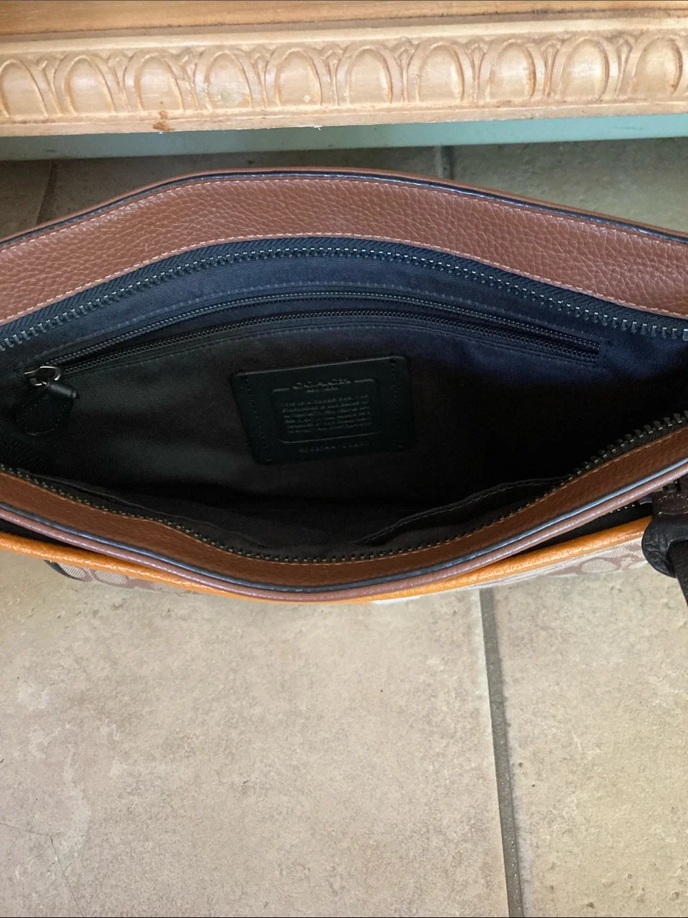 Coach Men’s Brown Signature Patterned Crossbody Messenger Bag with Stripe Accent